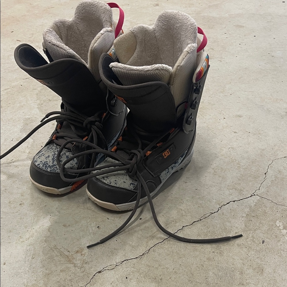 DC Snowboard Boots with Black, Gray, and Orange Accents
